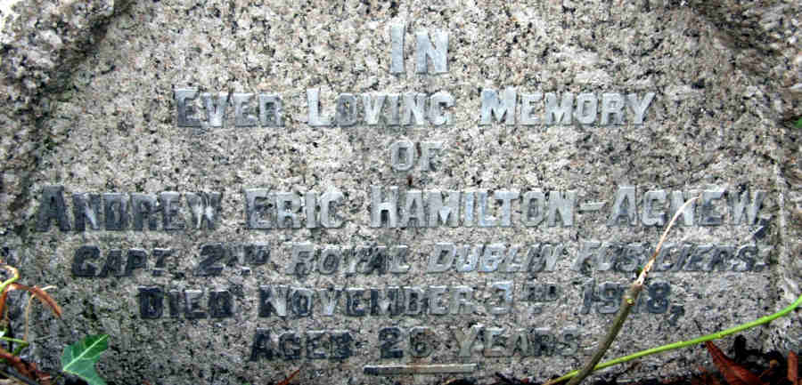 Headstone inscription about Andrew Eric Hamilton-Agnew