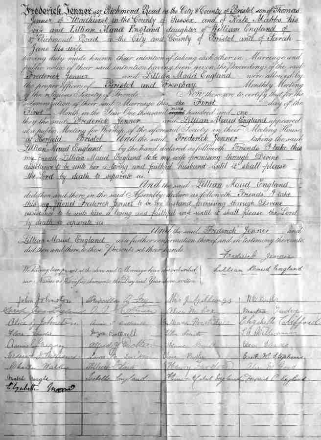 Marriage certificate Frederick Thomas and Lillian Maud Jenner